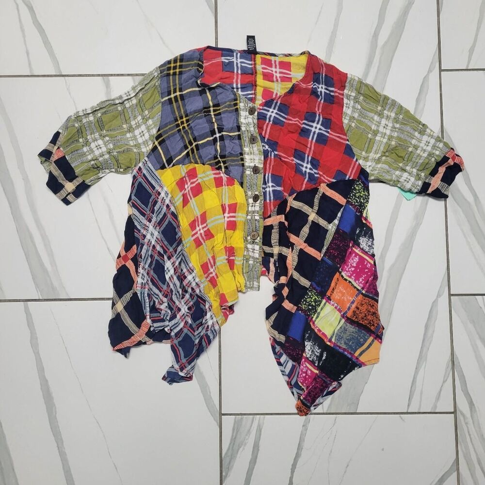 Vintage Patchwork Plaid Asymmetric Top 90s Artsy Lagenlook Boho